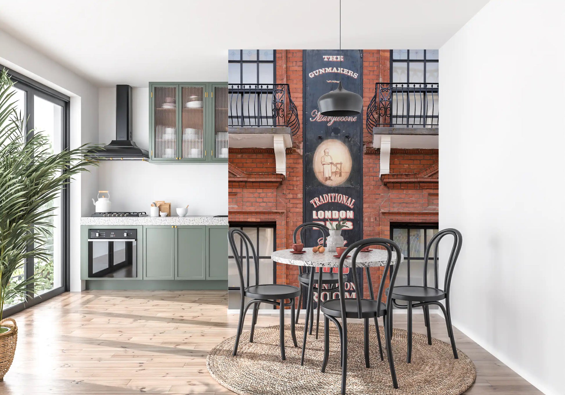 London street wall mural featuring traditional brick pub design