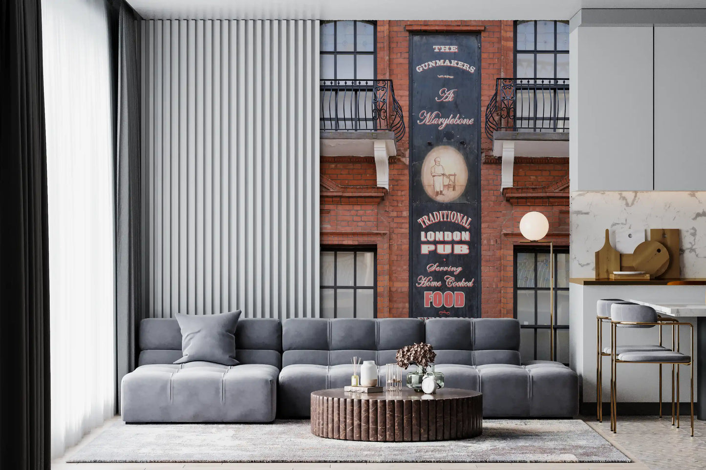 Architectural wall mural showing traditional Marylebone pub scene