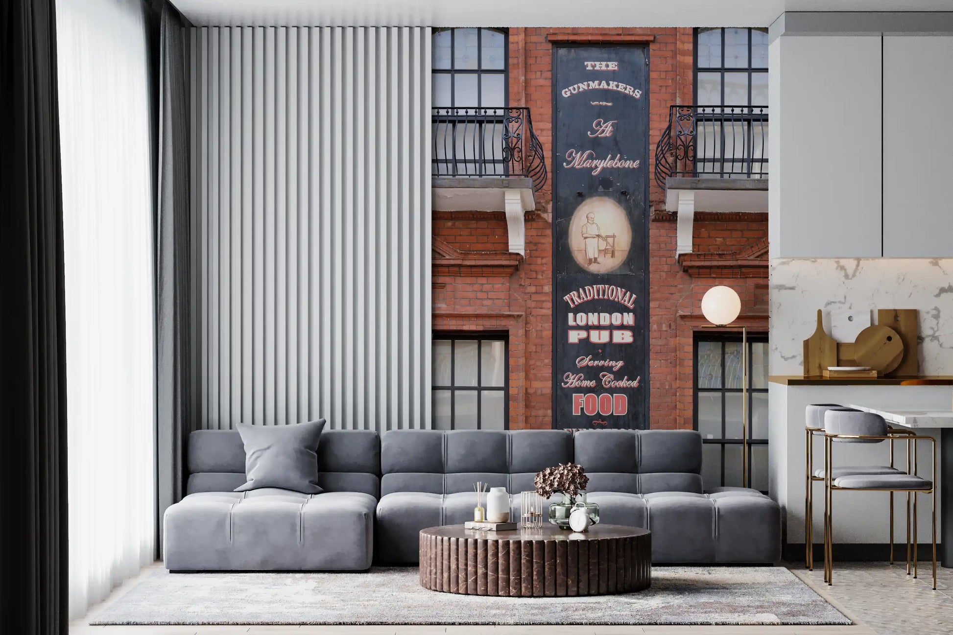 Architectural wall mural showing traditional Marylebone pub scene