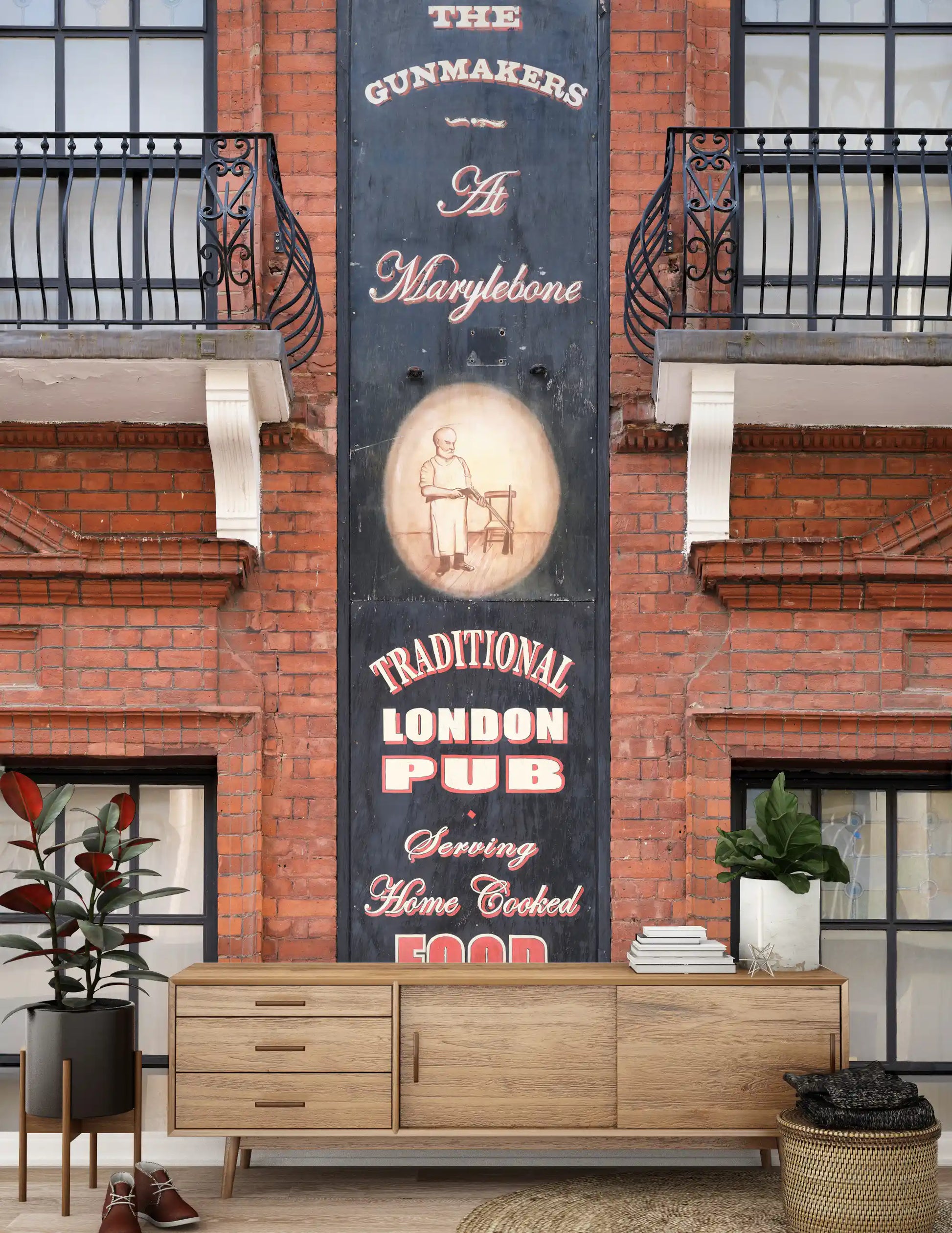 Traditional London pub wall mural featuring brick architecture