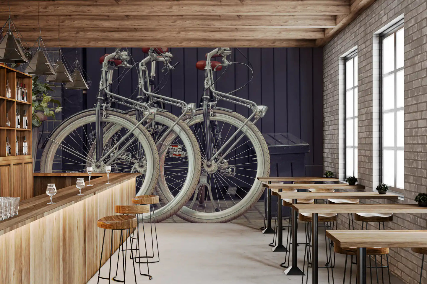 Bicycle wall mural featuring weathered cityscape surroundings