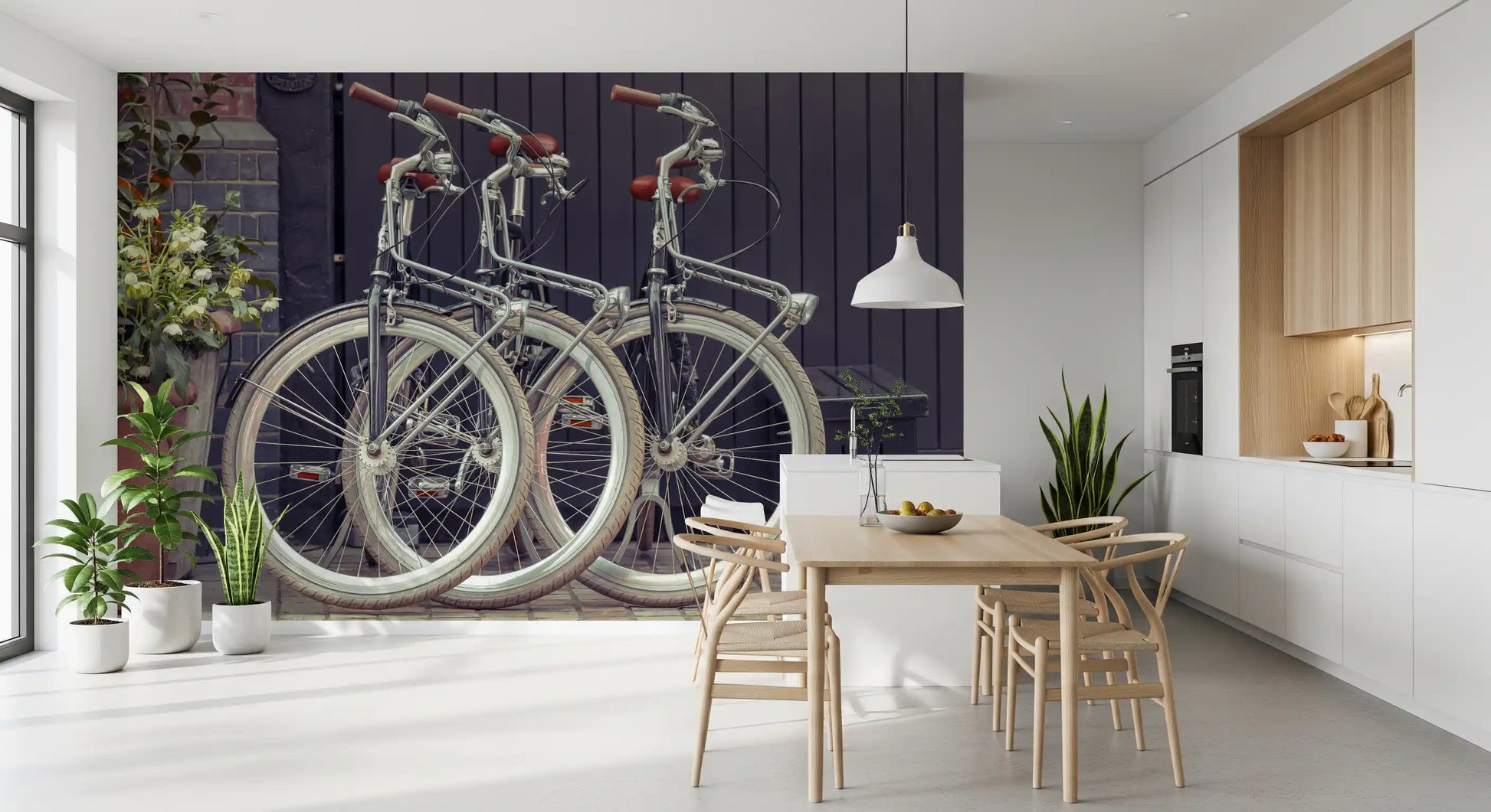 Vintage cycle wall mural showcasing classic bikes and building