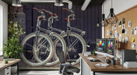 Vintage bicycle wall mural with muted city street atmosphere