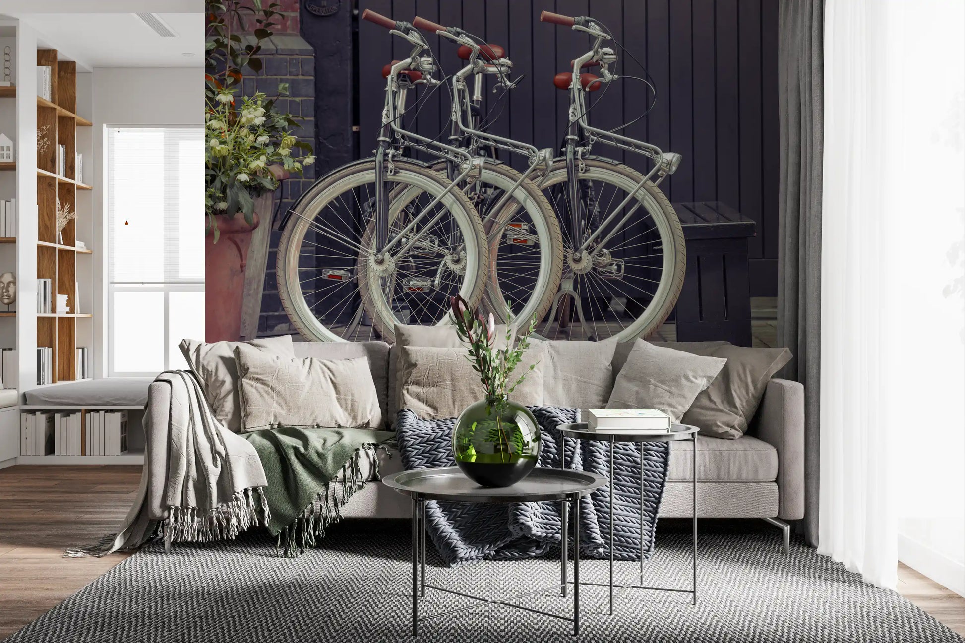 Bicycle themed wall mural with rustic urban architectural details