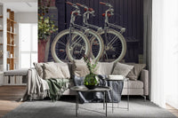 Bicycle themed wall mural with rustic urban architectural details