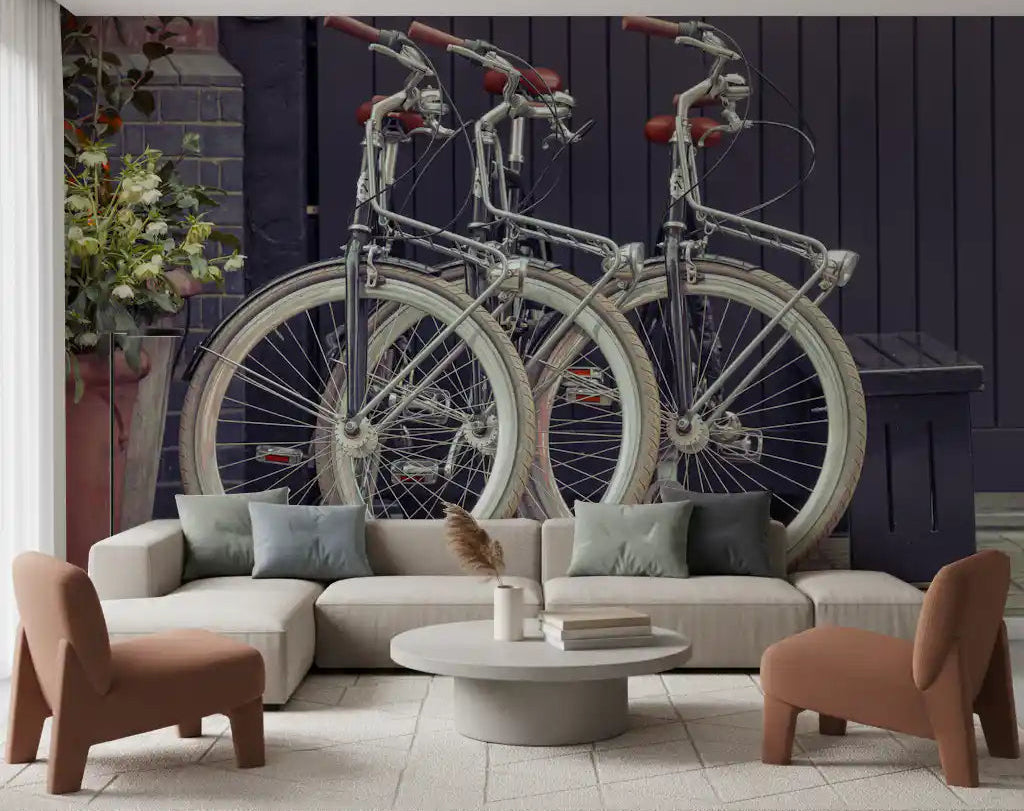 Vintage bicycle wall mural with classic urban street character