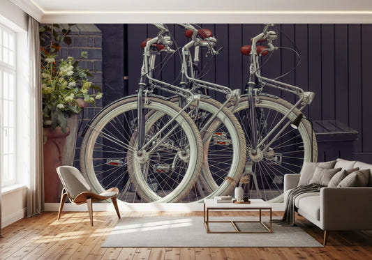 City bicycle wall mural with vintage inspired street scenery