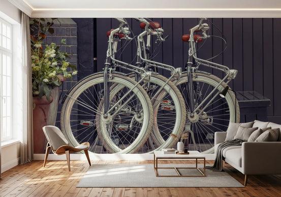 City bicycle wall mural with vintage inspired street scenery