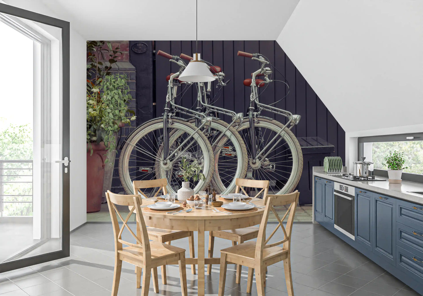 Urban street wall mural with retro bicycles and city textures