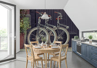Urban street wall mural with retro bicycles and city textures