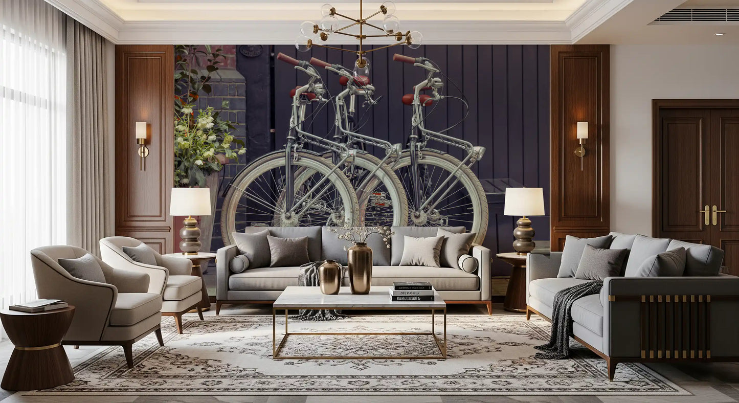 Urban cycles wall mural featuring retro bicycles and textures