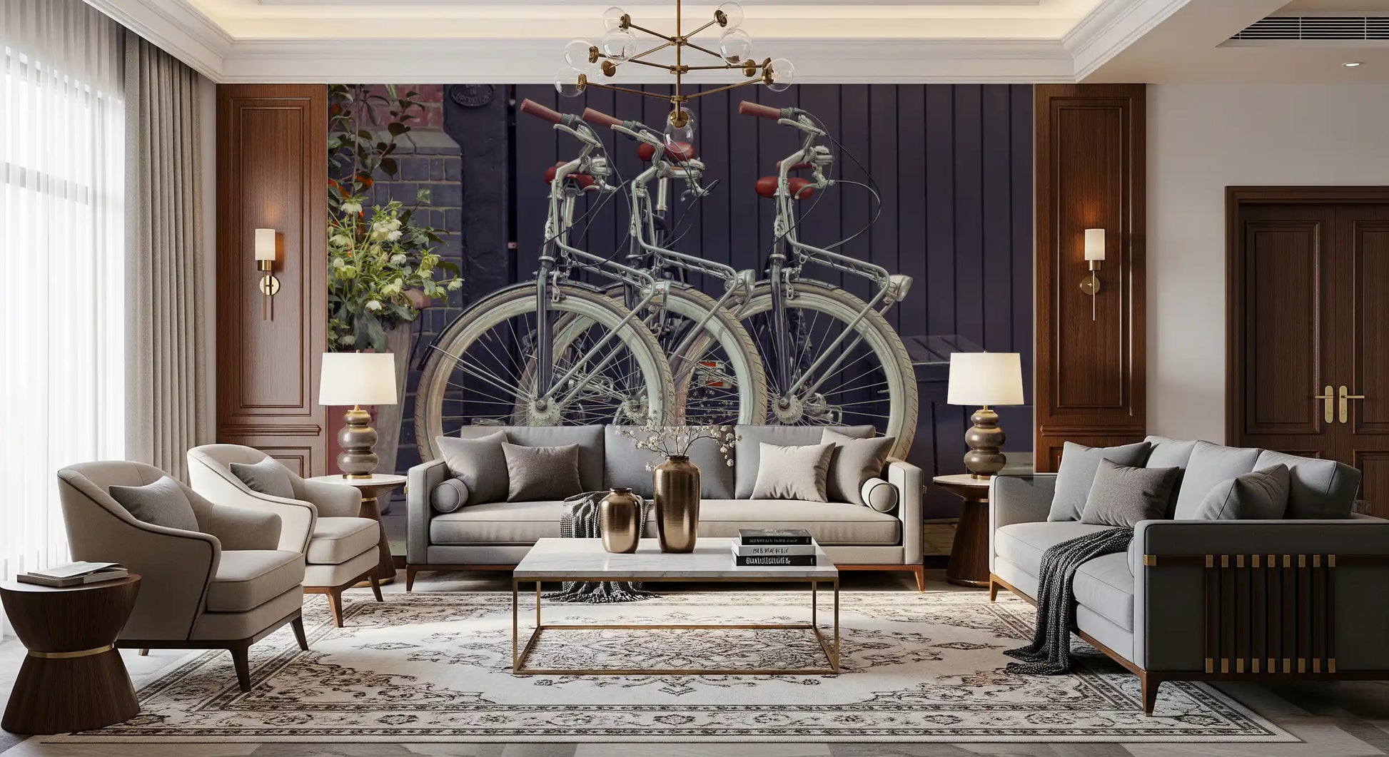Urban cycles wall mural featuring retro bicycles and textures