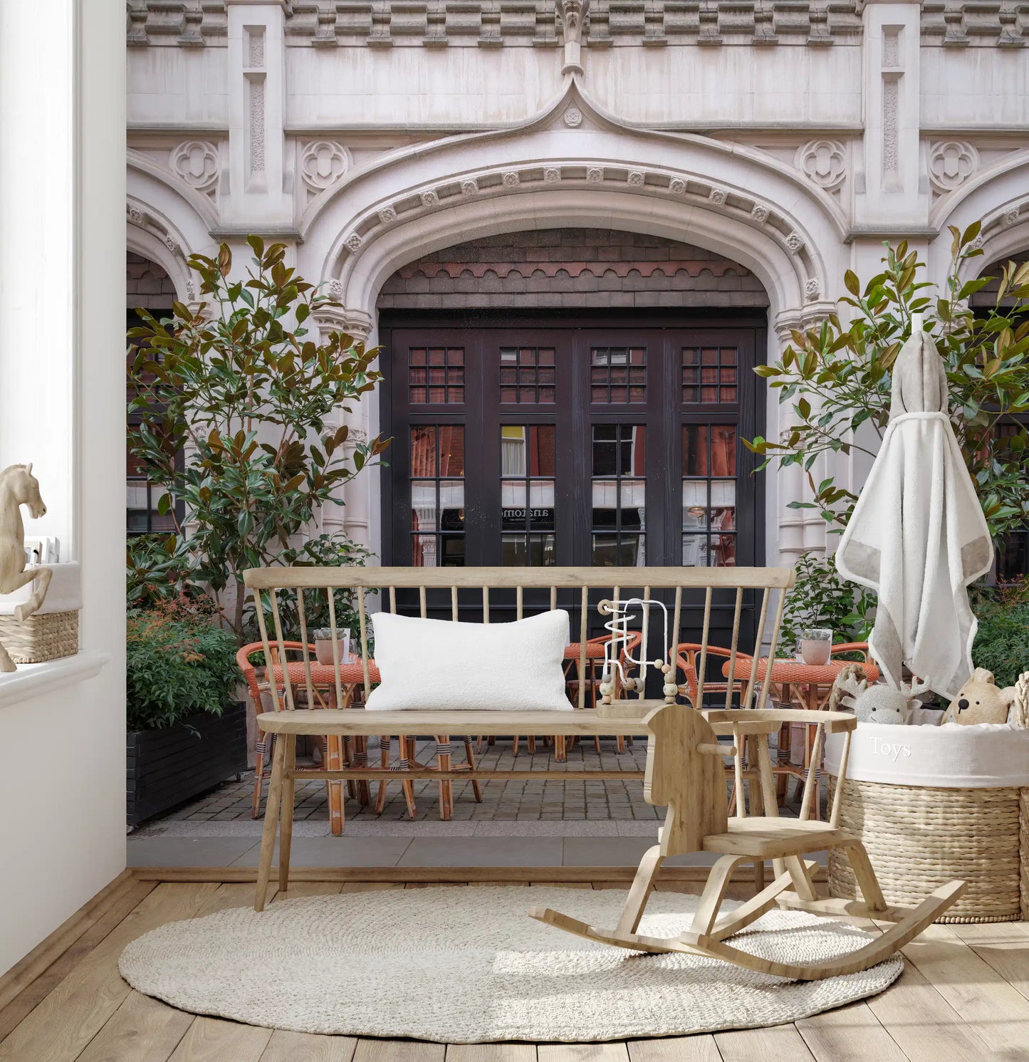 Charming cafe vista wall mural featuring European streetscape