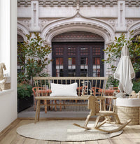 Charming cafe vista wall mural featuring European streetscape