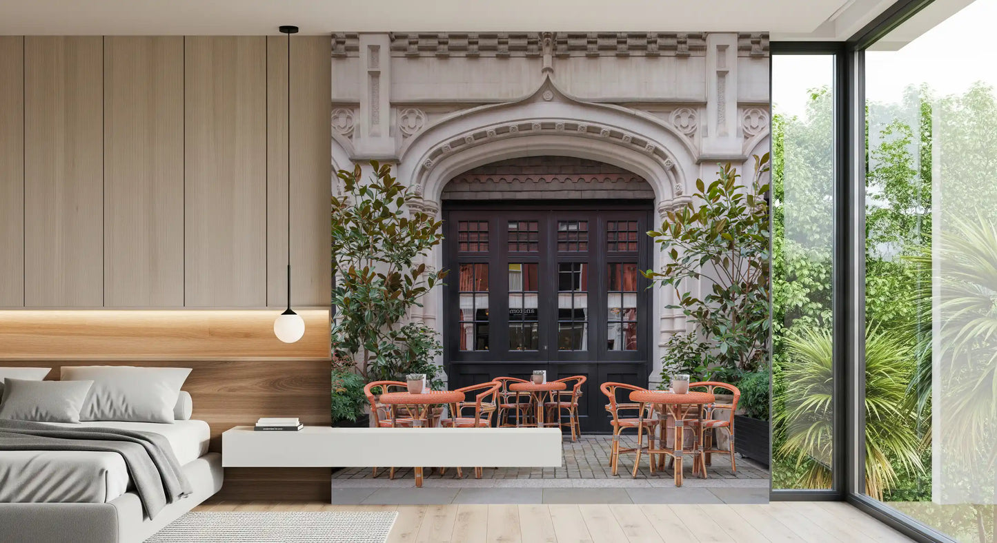European cafe wall mural featuring warm architectural details