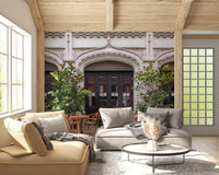Outdoor dining wall mural with cobbled paths and cafe seating