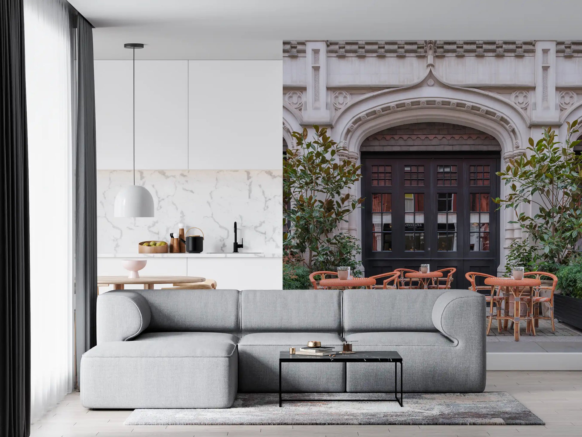 European street wall mural featuring classic cafe terraces