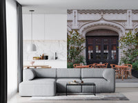 European street wall mural featuring classic cafe terraces