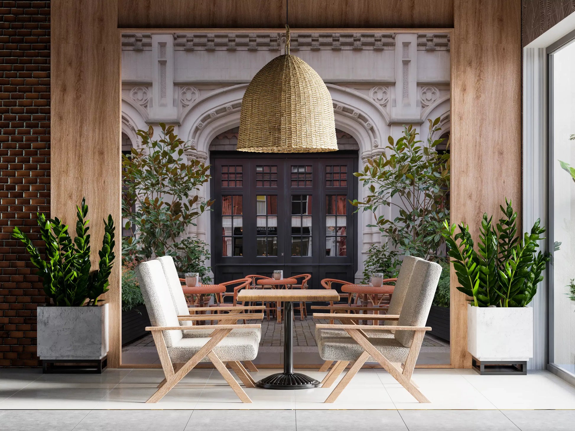 Café street wall mural with tables and traditional architecture
