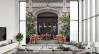 Street side cafe wall mural with charming city atmosphere