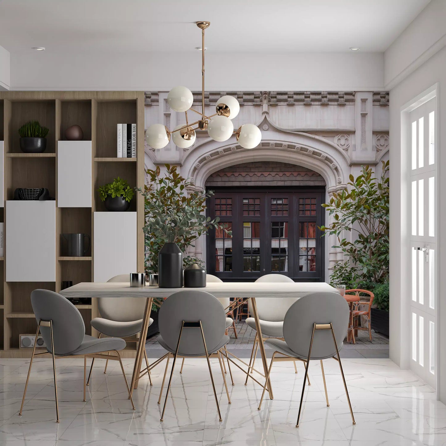 Cobblestone street wall mural with inviting outdoor cafe scene