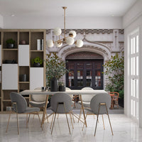 Cobblestone street wall mural with inviting outdoor cafe scene