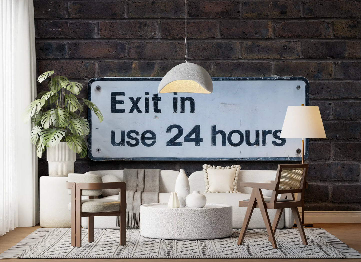 Urban industrial wall mural with aged brick and exit feature