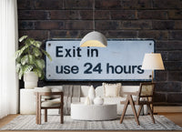 Urban industrial wall mural with aged brick and exit feature