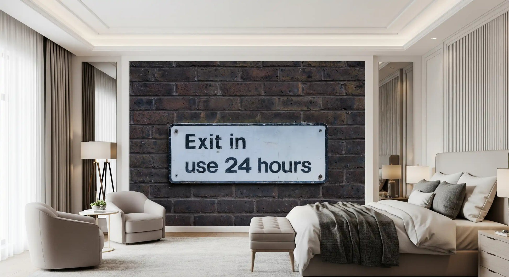 Weathered brick wall mural with rustic architectural details