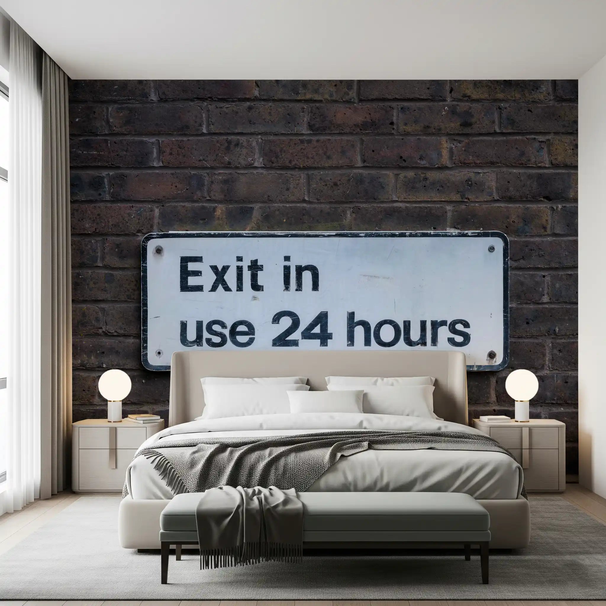 Urban Brick Wall Mural with Cool Weathered Exit Sign