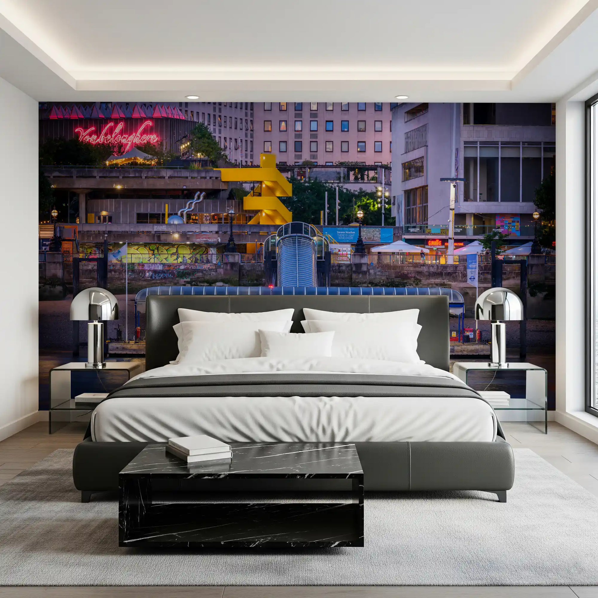 Southbank night wall mural with glowing riverside city lights
