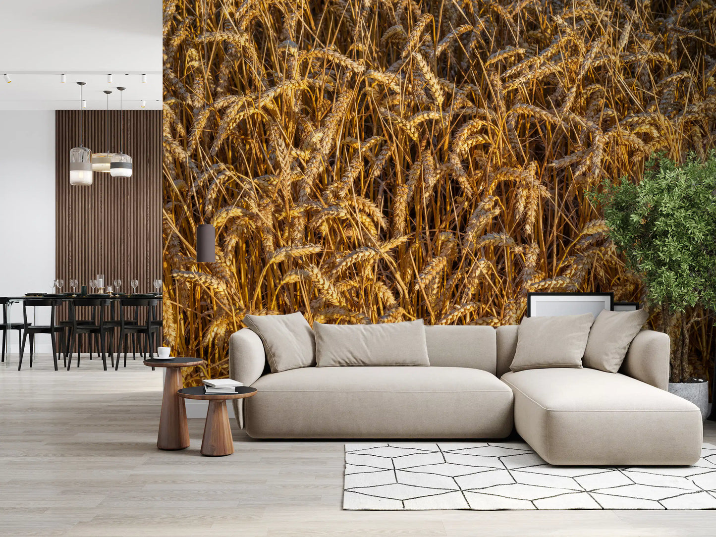 Golden wheat wall mural with peaceful country landscape views
