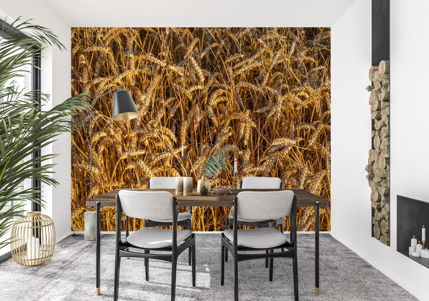 Farm landscape wall mural featuring warm wheat field textures
