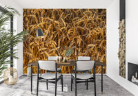 Farm landscape wall mural featuring warm wheat field textures
