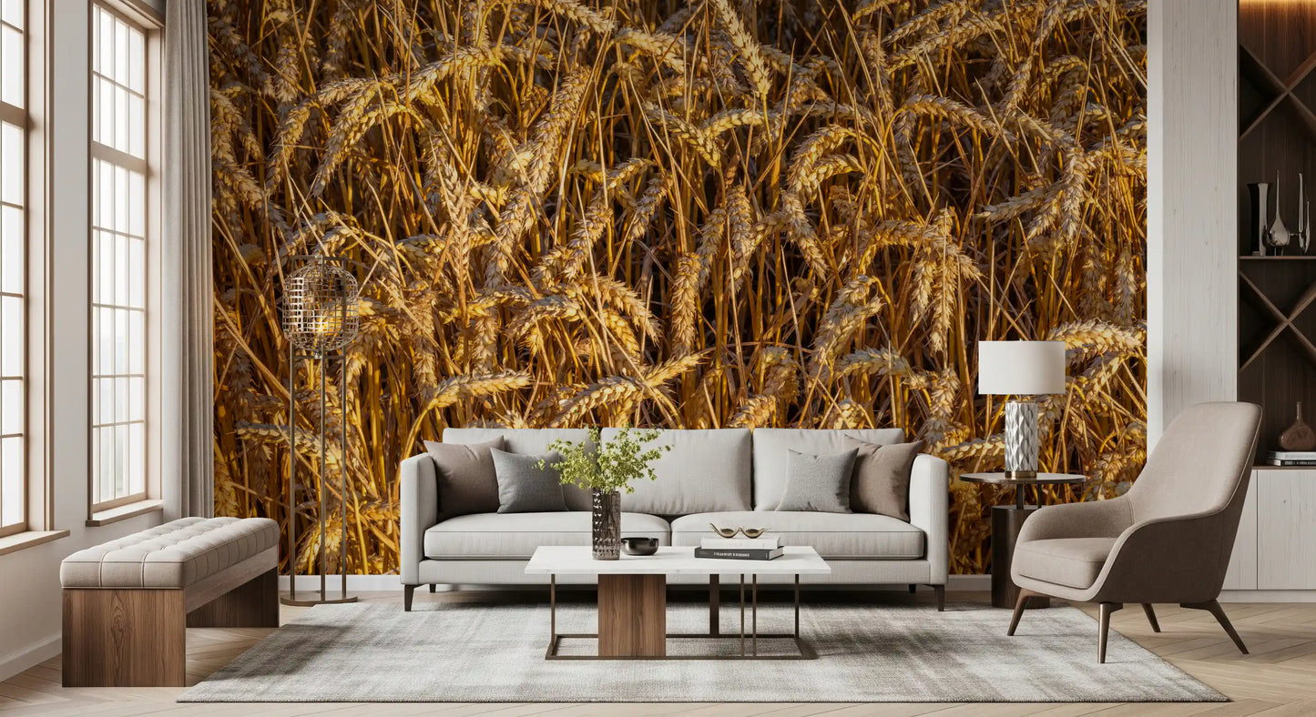 Harvest season wall mural with golden agricultural scenery
