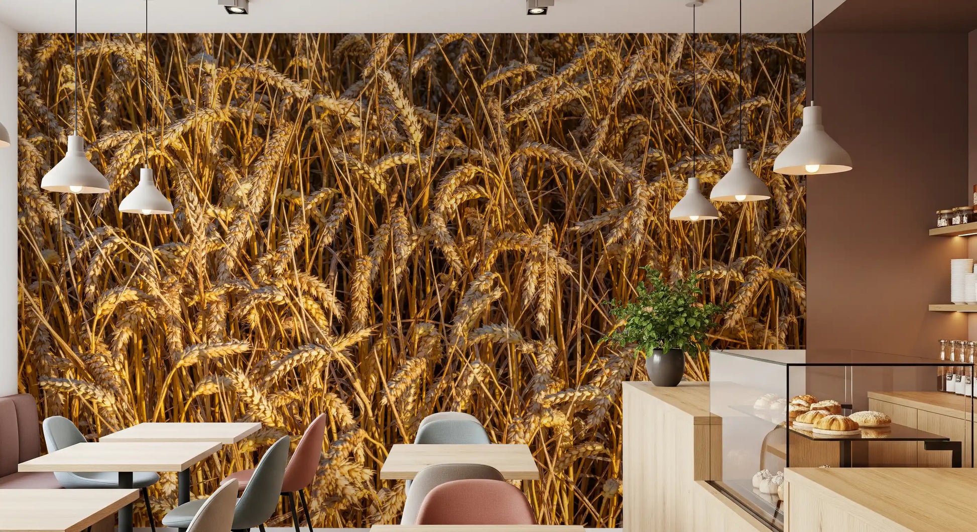 Golden crop field wall mural with expansive rural views
