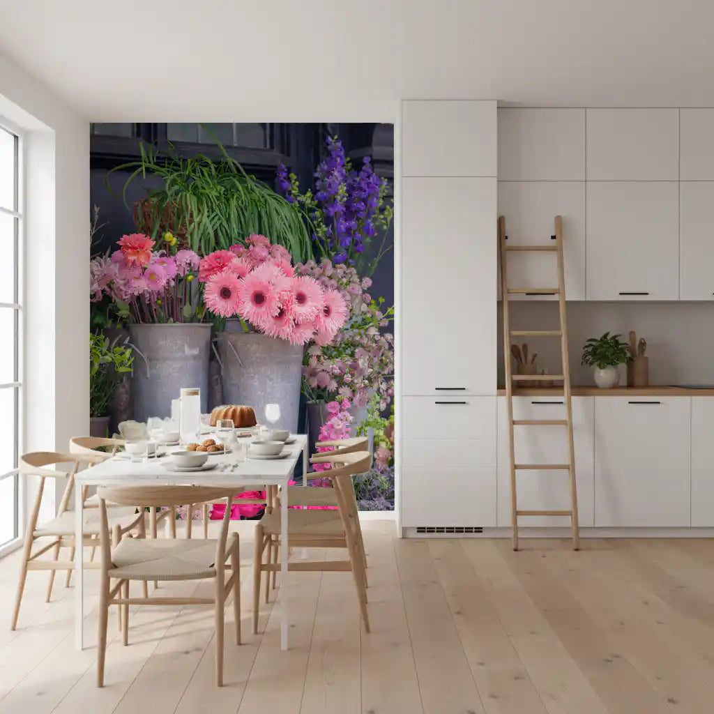 Vibrant floral wall mural featuring market flower arrangements
