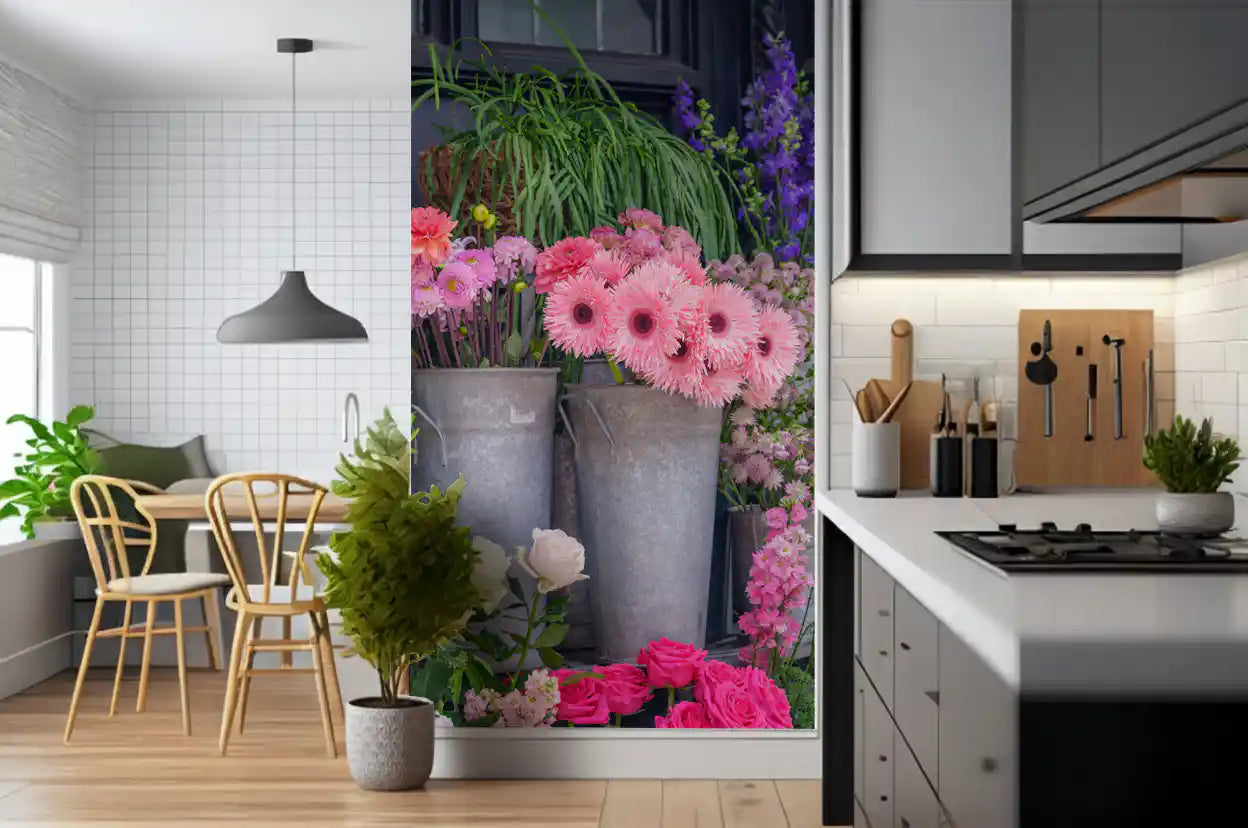 Floral market wall mural showcasing fresh blooms and colours
