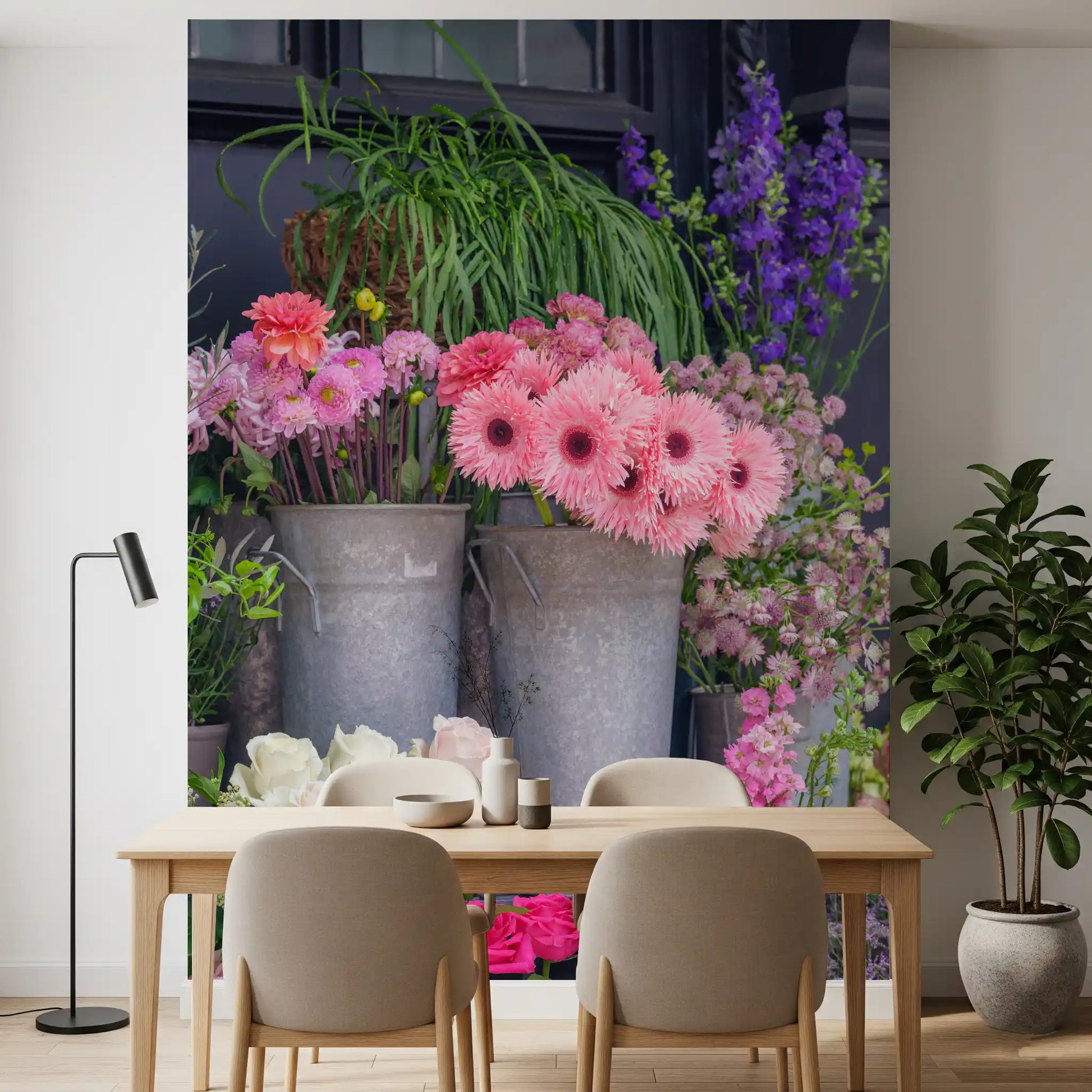 Market inspired wall mural featuring colourful flower bouquets
