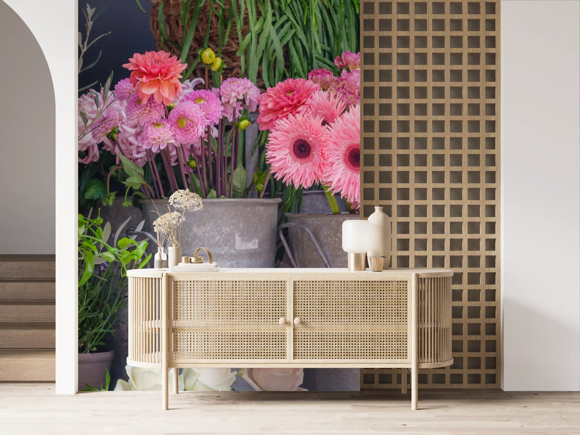 Colourful flower stall wall mural with layered floral textures
