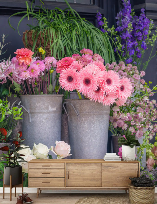 Flower market wall mural with colourful blooms and displays

