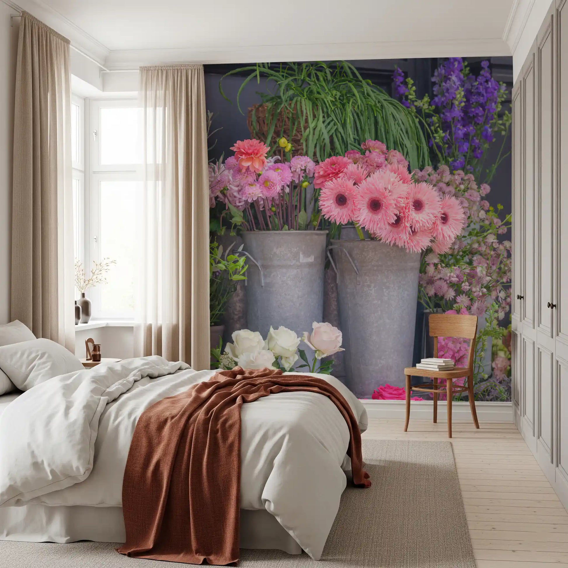 Flower market scene wall mural with abundant fresh blooms

