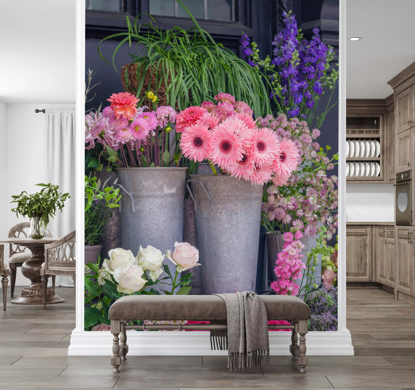 Botanical market wall mural with bright flowers and greenery
