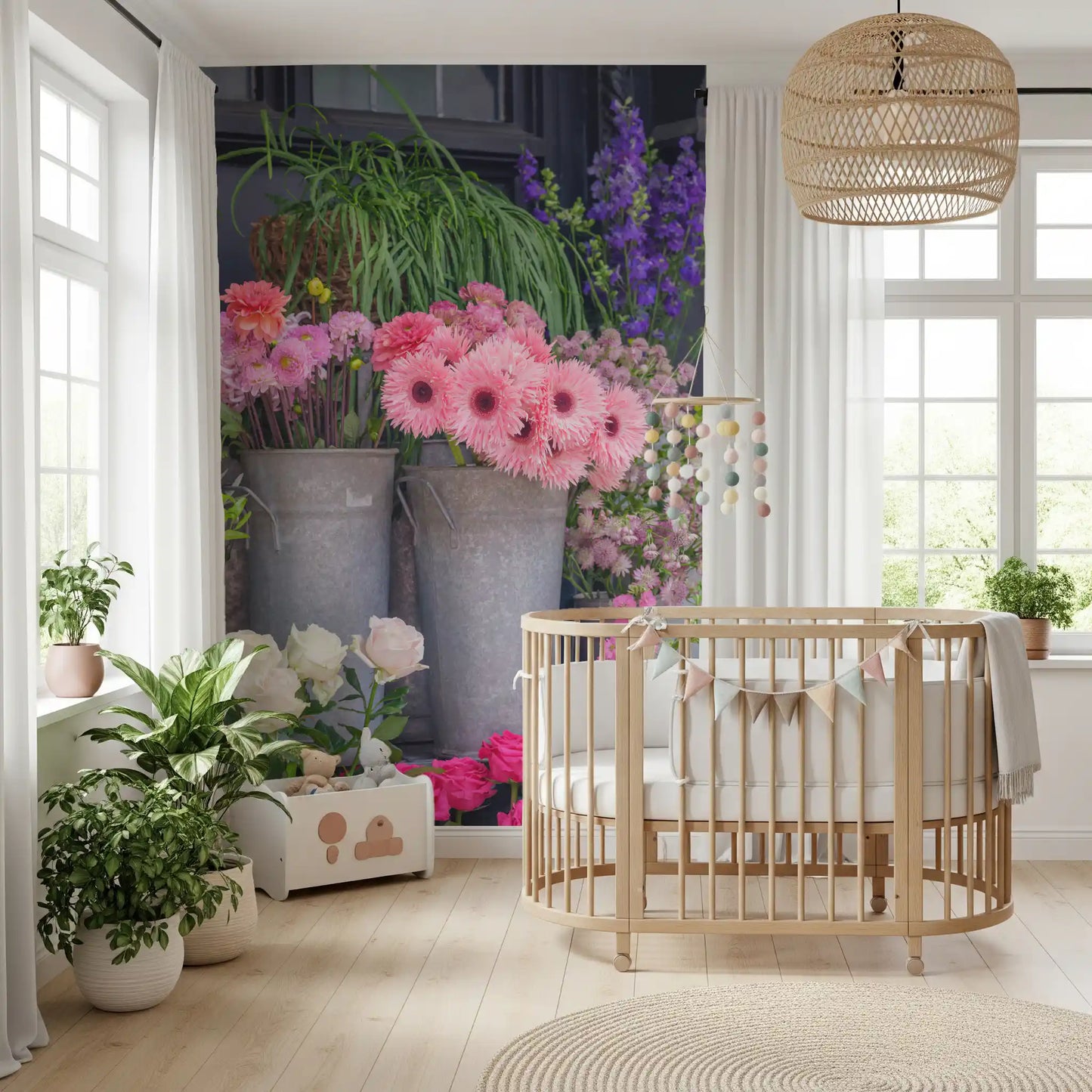 Bloom filled wall mural with lively floral market atmosphere
