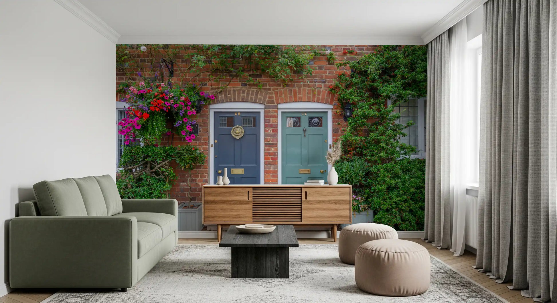 Blooming doorway wall mural with detailed masonry textures