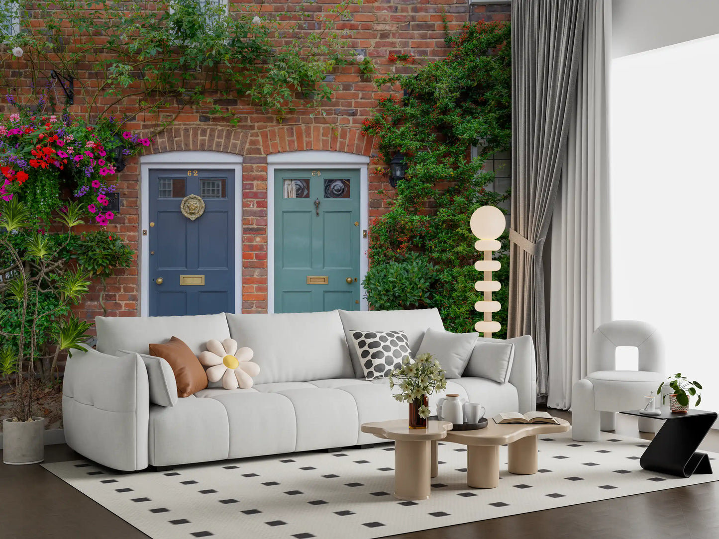 Charming doorway wall mural with flowers and brick textures