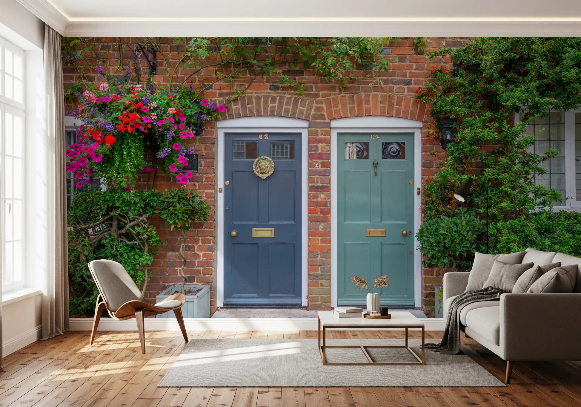 Brick doorway wall mural with colourful flowers and entrances