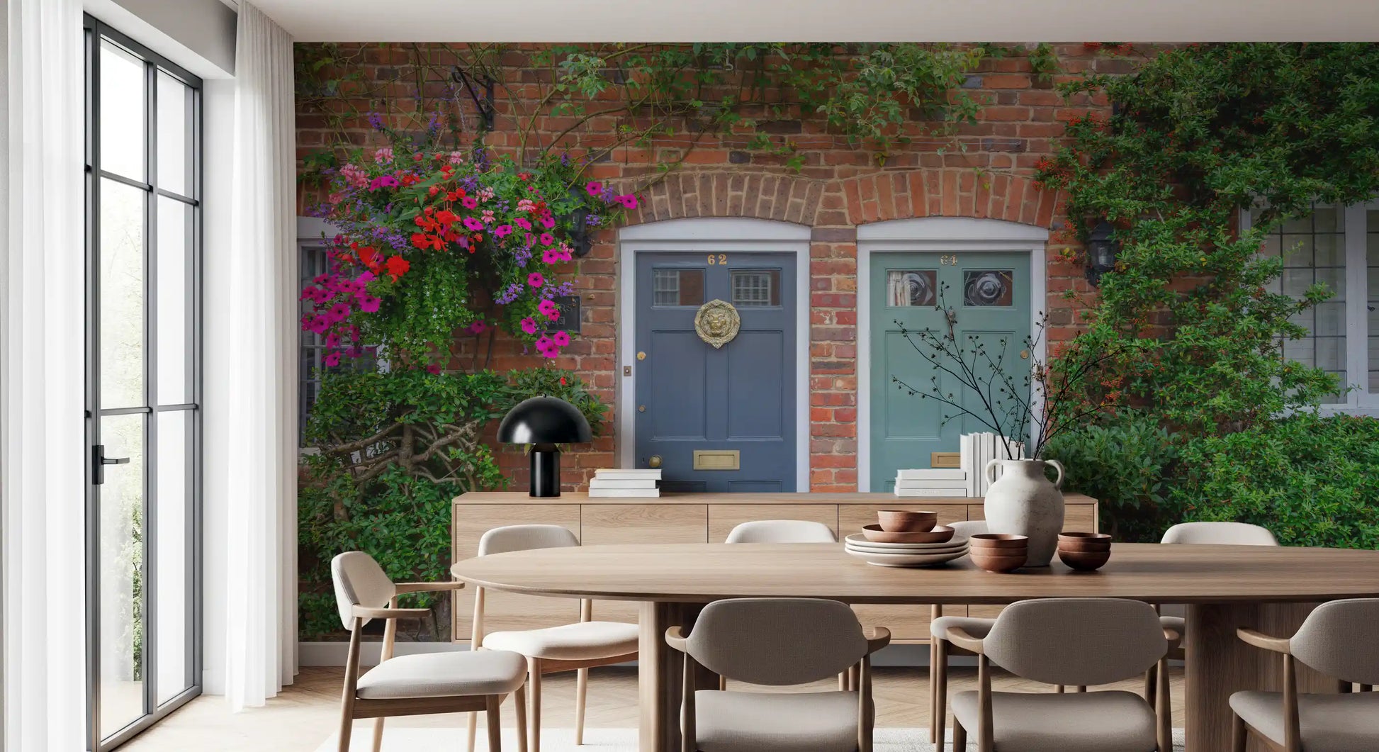 Brick building wall mural featuring flower filled entrances