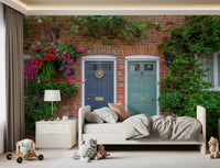 Brick architecture wall mural featuring colourful floral displays