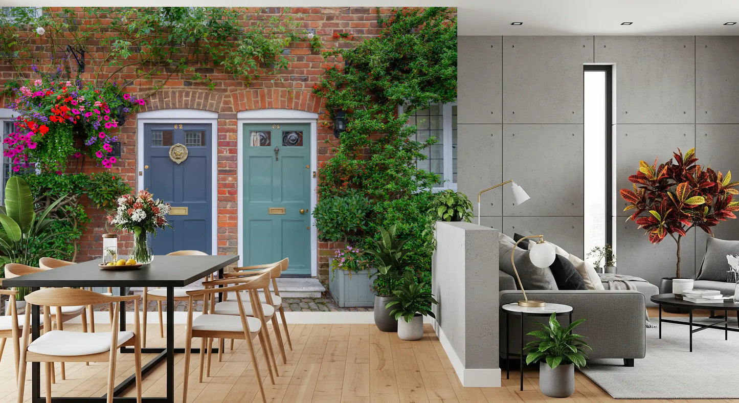 Floral streetscape wall mural featuring blooming brick facades
